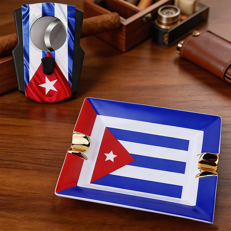 Cigar Cutter Set - ชุดซิการ์พร้อมธงคิวบา, ที่ตัดซิการ์สแตนเลส, ที่เขี่ยบุหรี่ซิการ์เคลือบทอง, อุปกรณ์เสริมซิการ์, ของขวัญพรีเมียม