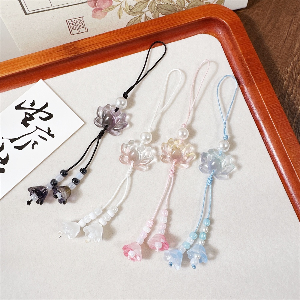 Men Accessories Ethnic - พวงกุญแจลูกปัดลายดอกบัวสไตล์จีนทำมือ สายคล้องโทรศัพท์มือถือสำหรับผู้หญิงและผู้ชาย เครื่องประดับเสน่ห์แบบชาติพันธุ์ ของขวัญ
