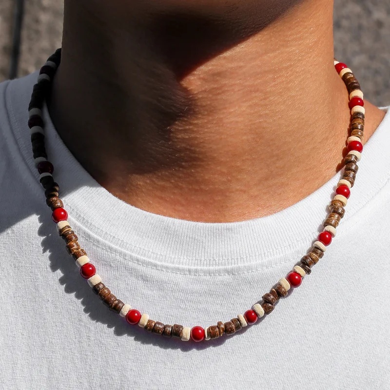 Men'S Vacation Accessories - สร้อยคอไม้สไตล์โบฮีเมียนสำหรับผู้ชาย สีแดง น้ำตาล ขาว ลูกปัดกลม สไตล์ชาติพันธุ์