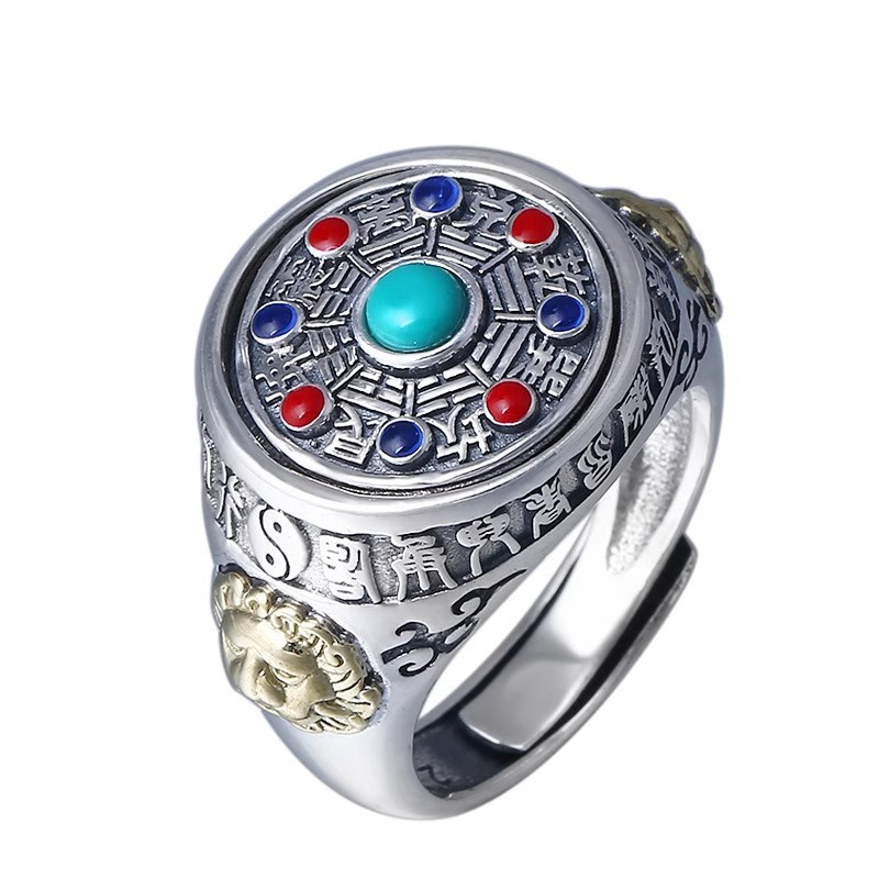 Men Accessories Ethnic - แหวนเคลือบสีสไตล์ชาติพันธุ์ เครื่องประดับผู้ชาย แหวนปรับขนาดได้ วินเทจ ลายไท่ฉีแปดตัวอักษร แหวนนิ้วชี้ผู้ชาย